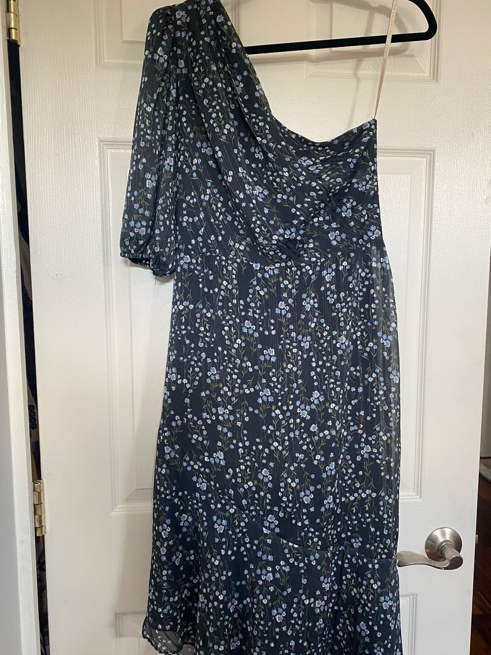 Jenny Yoo One-Shoulder Navy Floral Midi Dress
